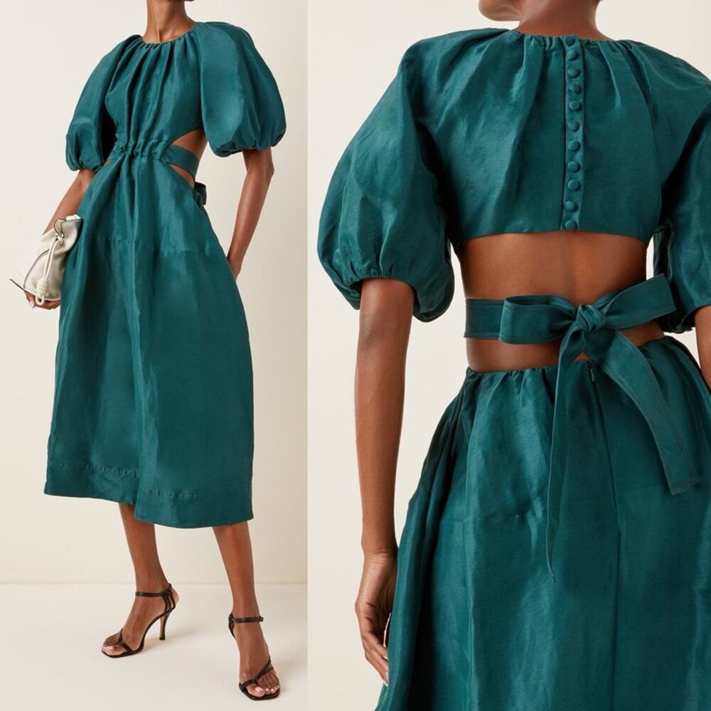 Aje Teal Puff-Sleeve Cutout Midi Dress